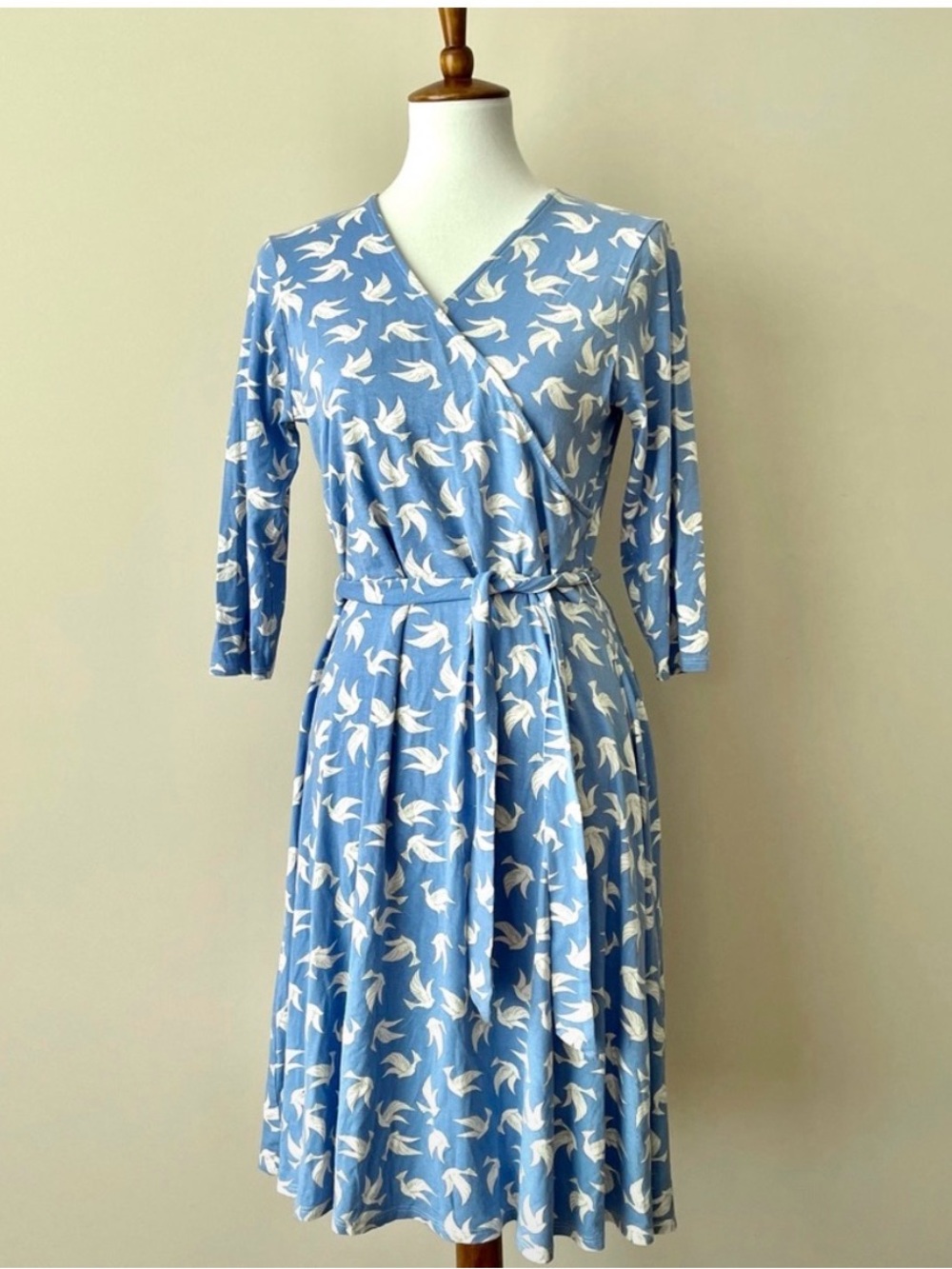 Light Blue Bird Print Wrap Dress